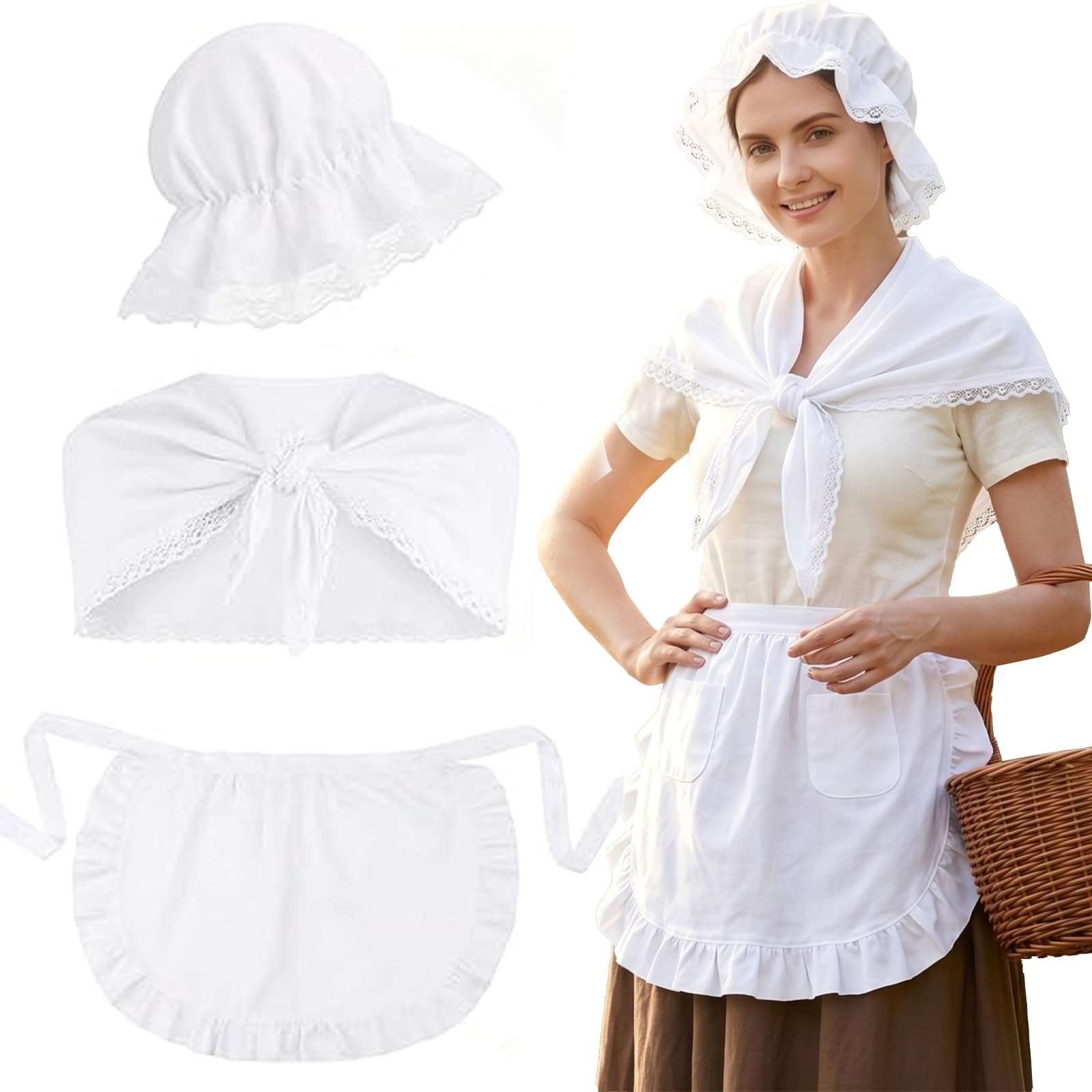 Thhiit 3 Pcs Victorian Costume Women, Lace Shawl, White Bonnet and Ruffle Waist Apron with Pockets for Cosplay Fancy Dress Up Maid Halloween