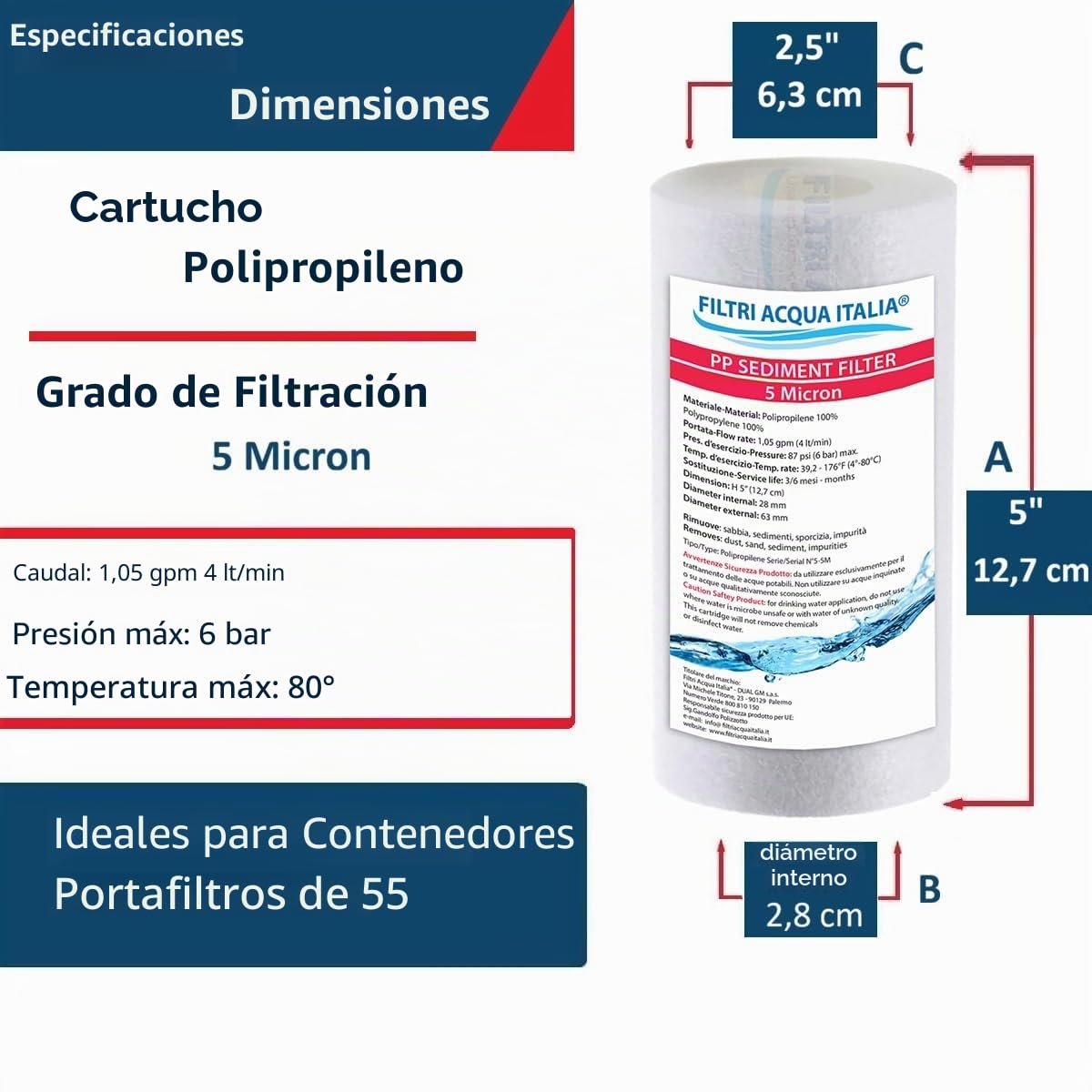 Filtros de agua Italia Cartucho filtro de sedimentos 5 pulgadas Micron 5 para Osmosi Inversa Depurador de agua Set 10 unidades