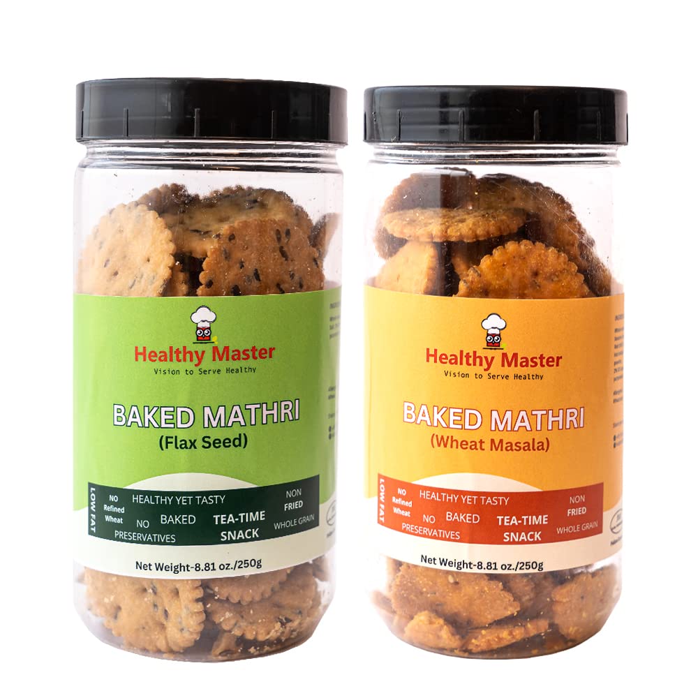 Healthy Master Wheat Mathri, Indian Flax Seed Mathri, Ready to Eat, Baked Tea Time Snack, Low Fat Crunchy Salted Cracker Plant Based Snacks for Adults, Variety Pack of 2(8.8 Oz) Each