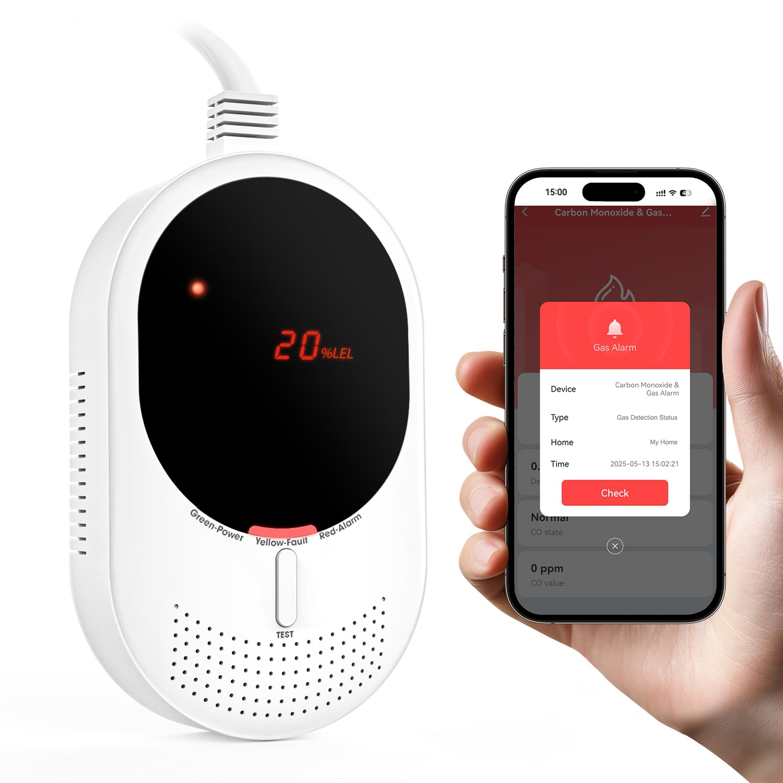 PHYSEN WLAN Gas- und CO-Melder für Küche & Heizraum - Zertifiziert EN50194 & EN50291 - 5 Jahre Sensorlebensdauer