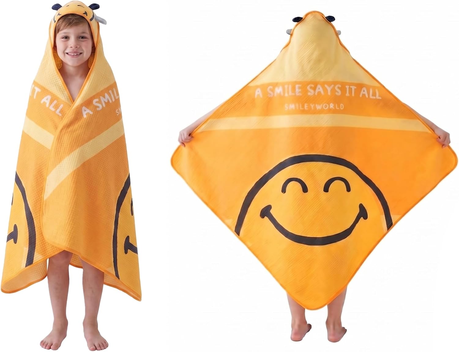 SMILEYWORLD Kids Beach Towel with Hood, 40''×40'' Hooded Bath Towels for Kids Soft Absorbent Wrap for Toddler Boys Girls Ages 3-10