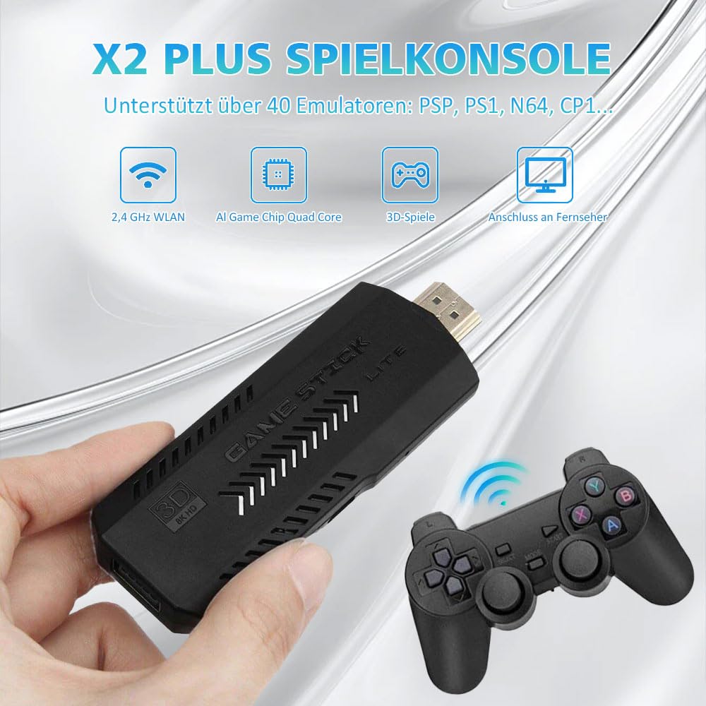 X2 Plus Retro-Spielkonsole mit 2 kabellosen 2,4-GHz-Controllern, 128 GB, über 40.000 Klassische Spiele, 4K-HDMI-Videoausgang, EmuELEC 4.3-System Kinder und Erwachsene
