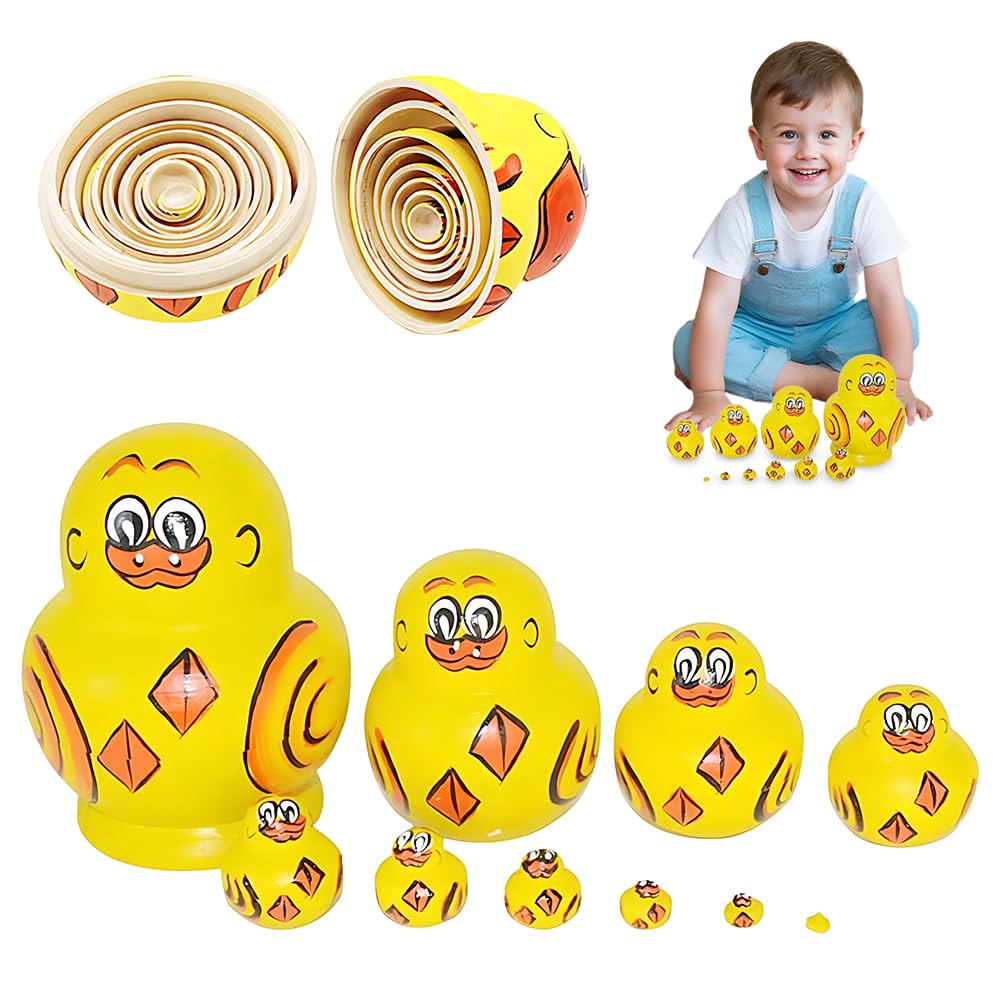 HOVCEH Yellow Duck Russian Dolls, 10 Pcs Matryoshka Nesting Dolls, Wooden Handmade Stacking Toys Yellow Duck Russian Nesting Doll for Kids Adult Home Room Offices Decoration