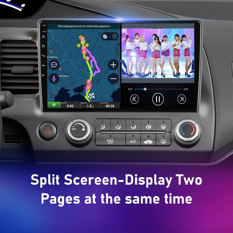 Sernoby Android 11 Car Stereo in split-screen mode, showing a navigation map on one side and a video playing on the other.
