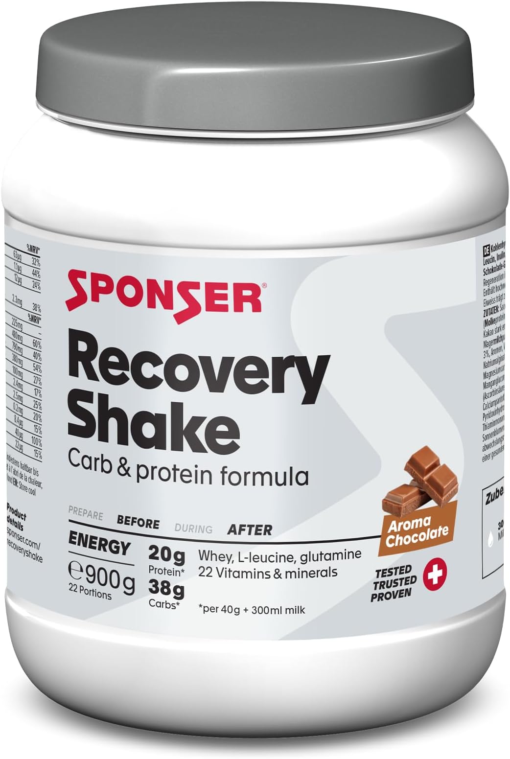 RECOVERY SHAKE | Post Workout Recovery Drink with BCAA & Glutamine, Vitamins & Minerals | Made in Switzerland | No artificial sweeteners or Colors | Chocolate Flavor | 900 g jar