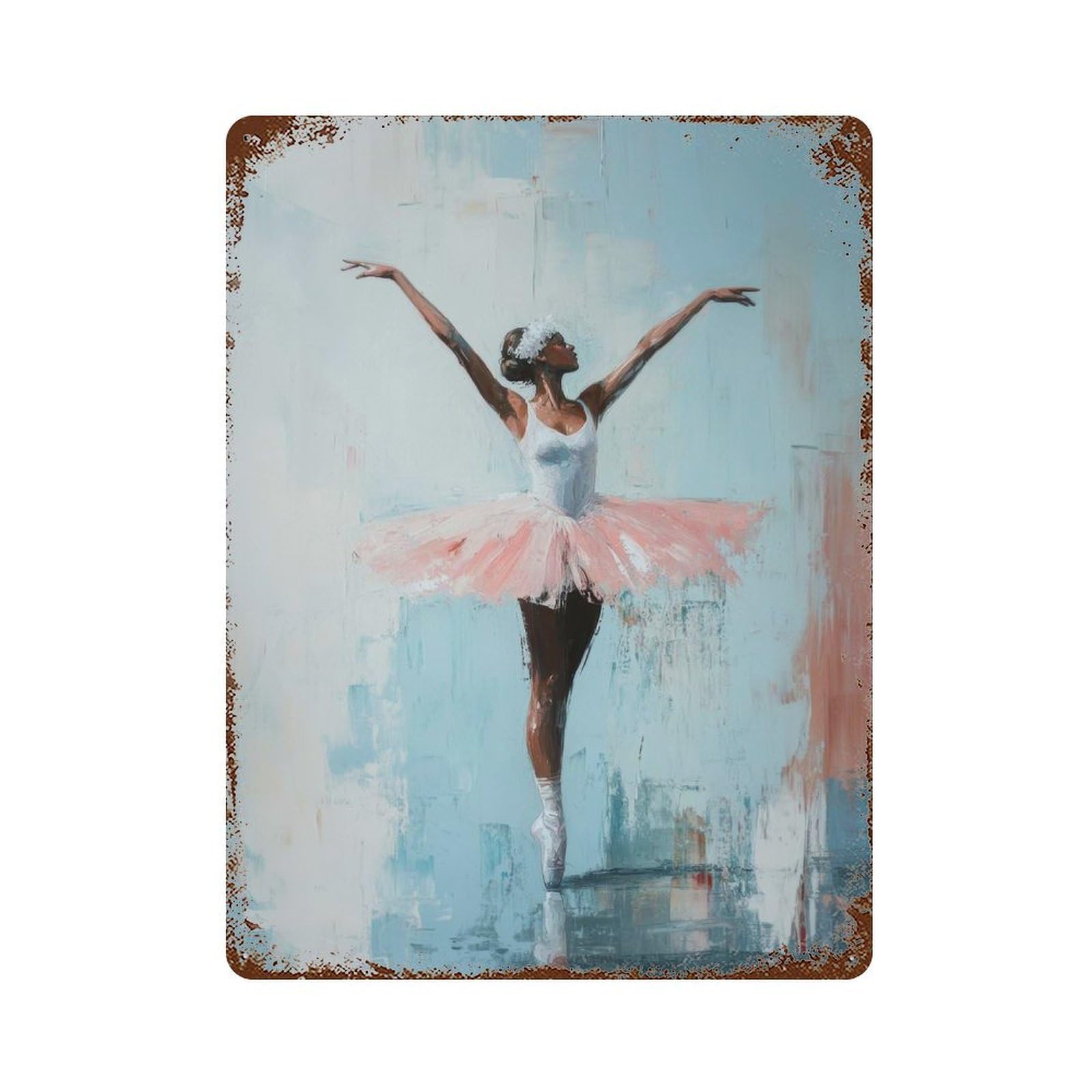 Aged Metal Wall Plaque with Ballet Dancer in Pink Tutu Serene Elegance Ballerinas Reflection Design 15.7"x11.8", for Garage, Bar And Workshop Decor, Rustic Home Decor