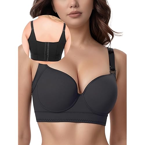 JishinGal Women’s Push Up Bra Full Coverage Seamless Underwire Hide Back Fat, Wide Straps, Smooth Uplift T-Shirt Bra