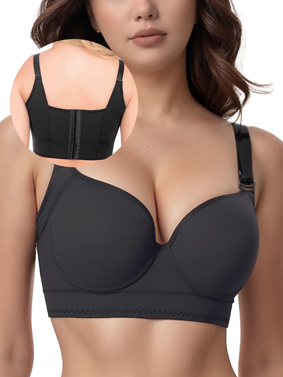 JishinGal Women’s Push Up Bra Full Coverage Seamless Underwire Hide Back Fat, Wide Straps, Smooth Uplift T-Shirt Bra