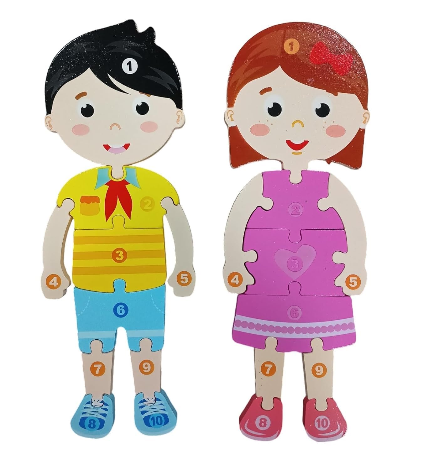 Smoneo Handcrafted 3D Wooden Girl & Boy Jigsaw Puzzle; Pre Education Alphabet & Number Learning Toy Blocks for Kids (30 cm x 15 cm) 3