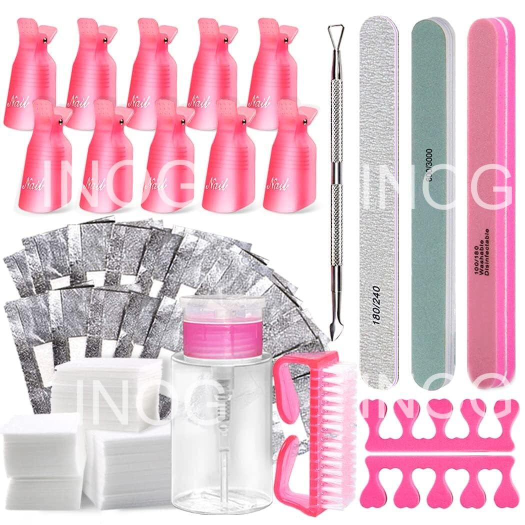 INOG Gel Polish Remover Tools Kit With Clips, Wipes, Cutter, Pump, Buffer Shiner Files, Brush - Acetone Acrylic Nails Tool Sets