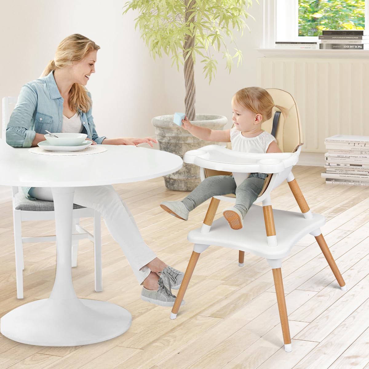 LIFEZEAL Tronas 2 en 1 de bebés, silla de comer, asiento elevador con con cinturón de seguridad y bandeja extraíble, trona transformable en mesa y silla, apto de 6 meses a 3 años (Caqui)