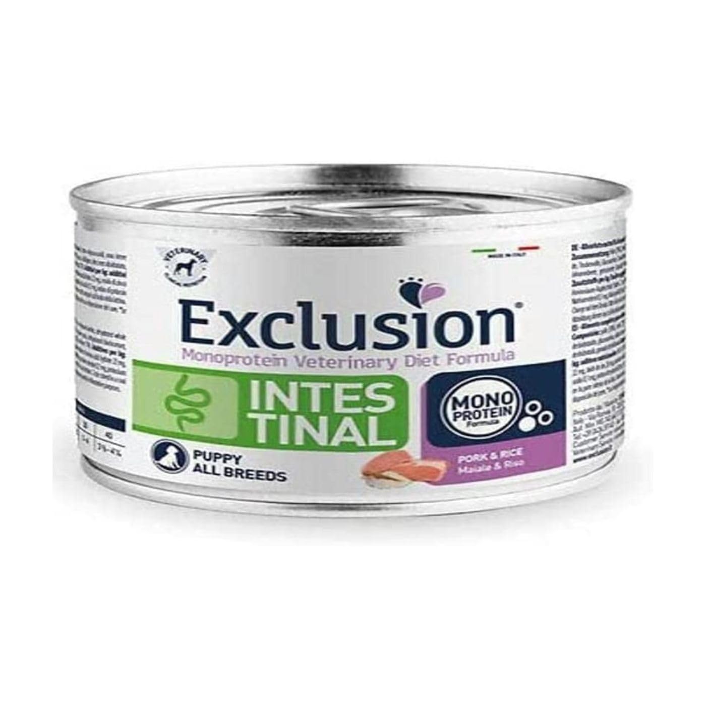 EXCLUSION Puppy All Breeds Intestinal Cane gusto Maiale e Riso | alimento umido completo per cani cuccioli di tutte le razze con disturbi intestinali, monoproteico, dietetico, 6 lattine da 200gr.