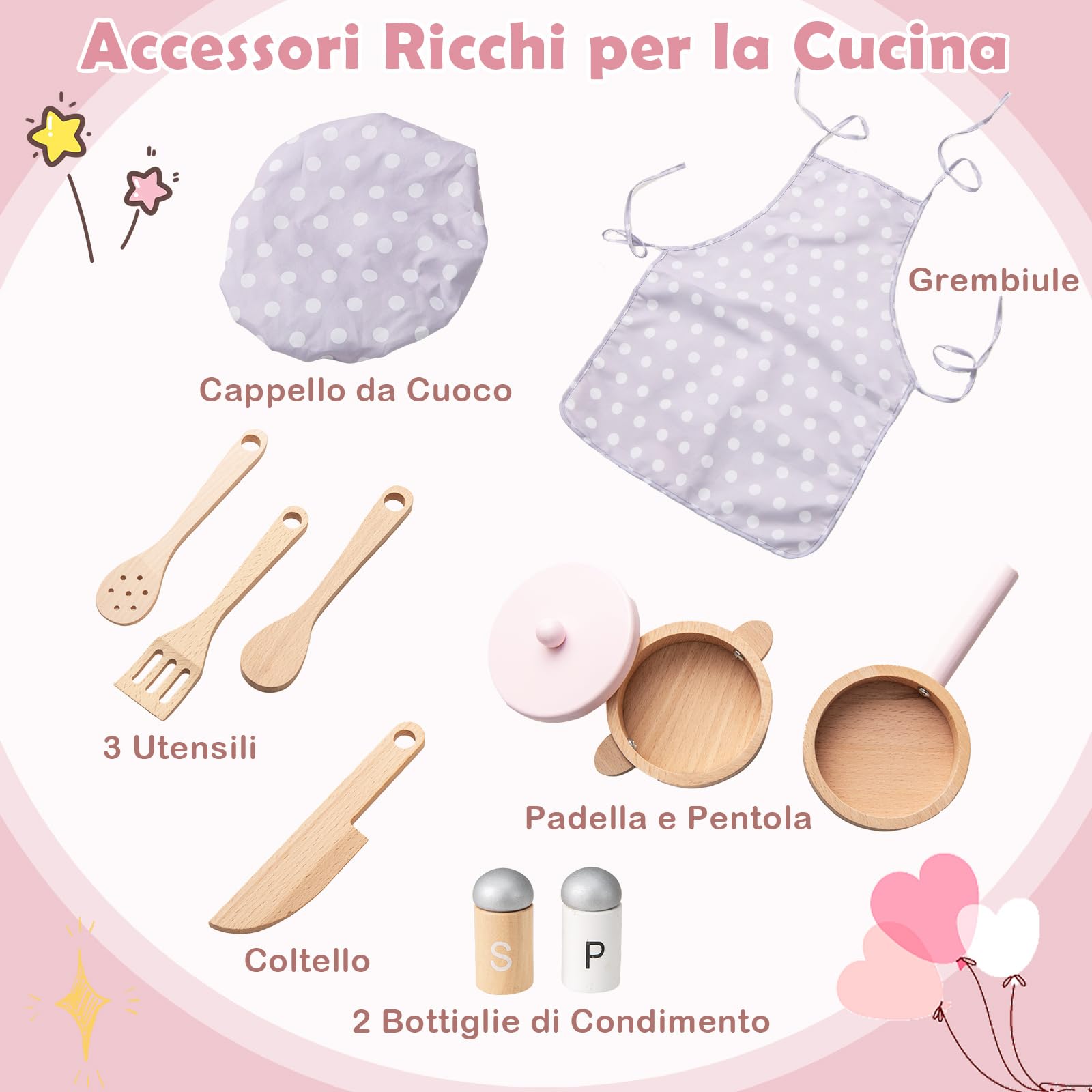 RELAX4LIFE Cucina Giocattolo per Bambini, Mini Cucina in Legno con Luci e Suoni Reali, Utensili da Cucina, Set Giocattoli per Bambini 3+ Anni (Rosa)
