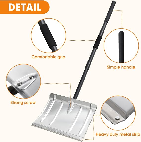 Snow Shovel for Driveway, 53/66 inches Aluminum Snow Pusher Shovel Heavy Duty Metal Snow Shovels for Car Home Garage Garden