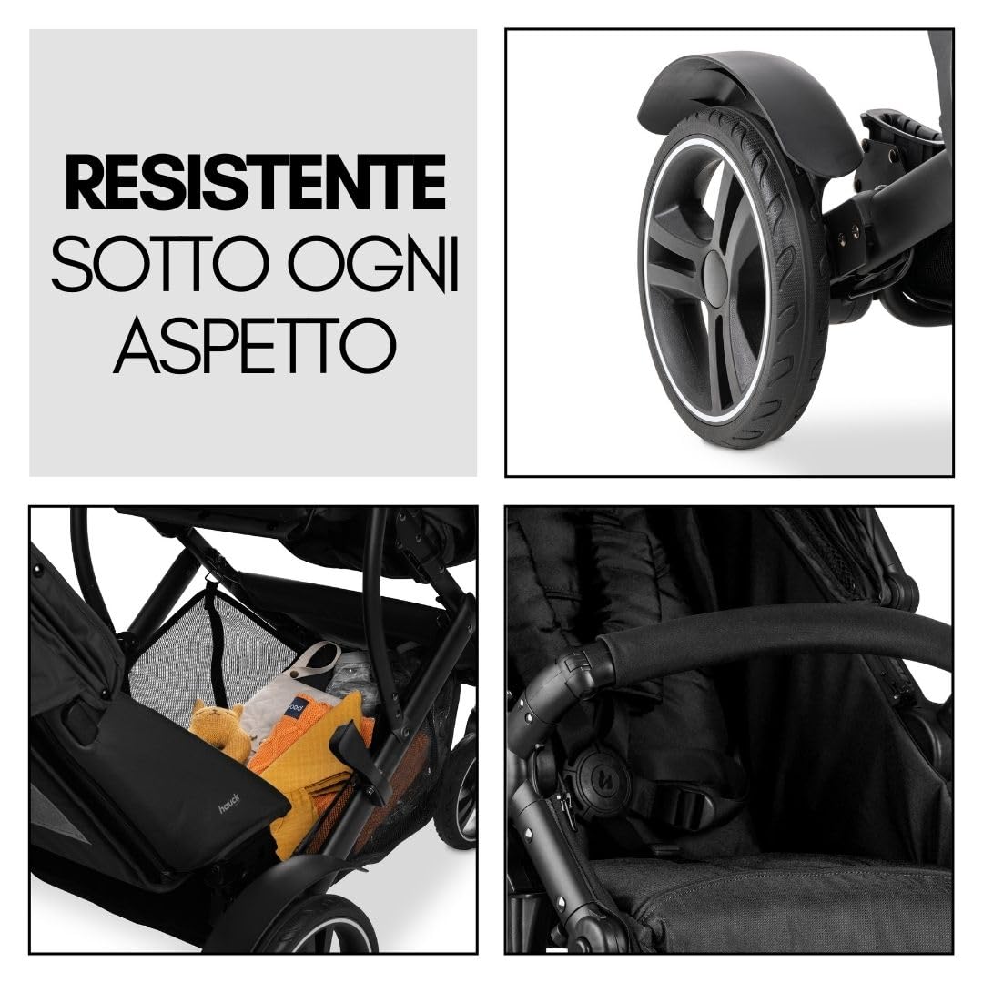 hauck Passeggino Gemellare Duett 4 - Passeggino Doppio per 2 Bambini, Fino a 36Kg, con Coprigambe e Parapioggia - Seduta Convertibile in Navicella Neonato - Nero