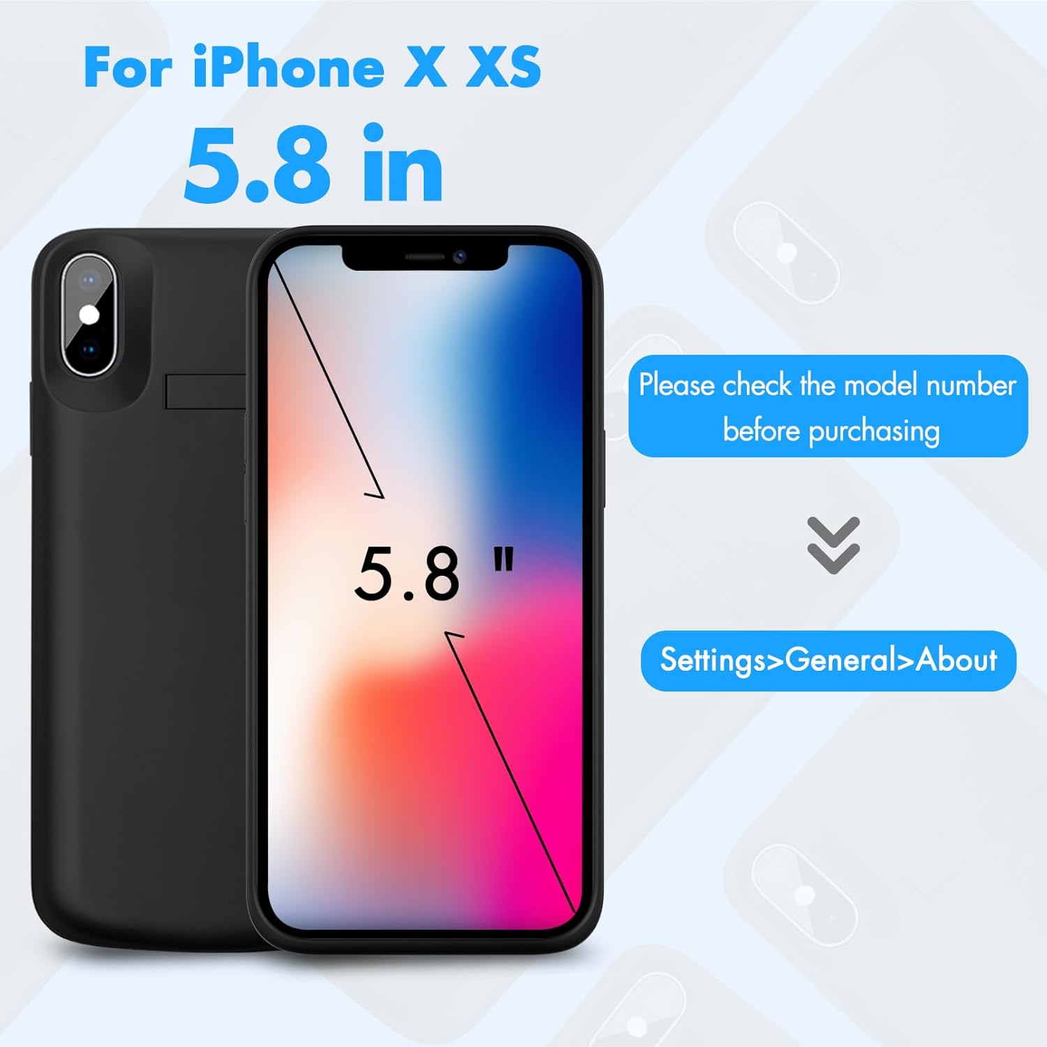 Battery Case for iPhone X/XS, Real 8500mAh Protective Charging Case with Kickstand Ultra-Slim Rechargeable Extended Battery Charger Cover - 5.8 inch Black