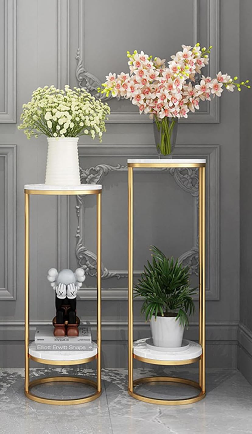 Marble Plant Stand Set - 2 Tier Gold Metal Stand -3