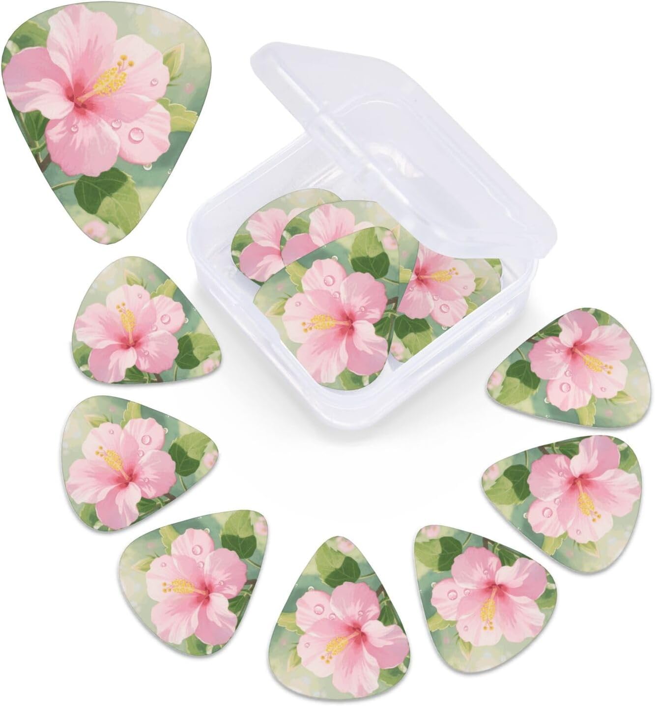 Hibiscus Floral print Guitar Picks With Storage Box Resistant Guitar Pick 12 Pack Guitar Accessories for Electric Guitar Ukulele Bass Personalized Gifts