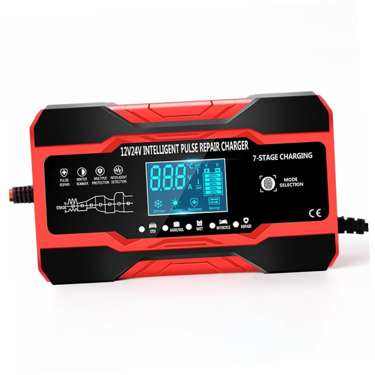 Chargeur de Batterie Intelligent Puissance D'entrée 180w 12v 24v Portable Protection Court-Circuit pour Voiture et Moto Adapté Utilisation en Extérieur