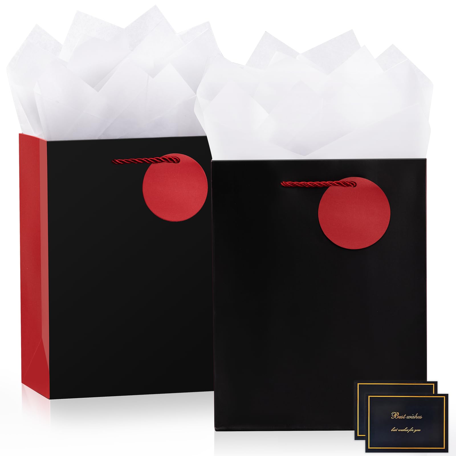 Sacchetti Regalo Medi BBILKE | 2 Pezzi 20x10x28cm | Con 2 Carte E Veline | Manici In Nastro | Per Compleanno, San Valentino | Rosa E Nero - Foto 2