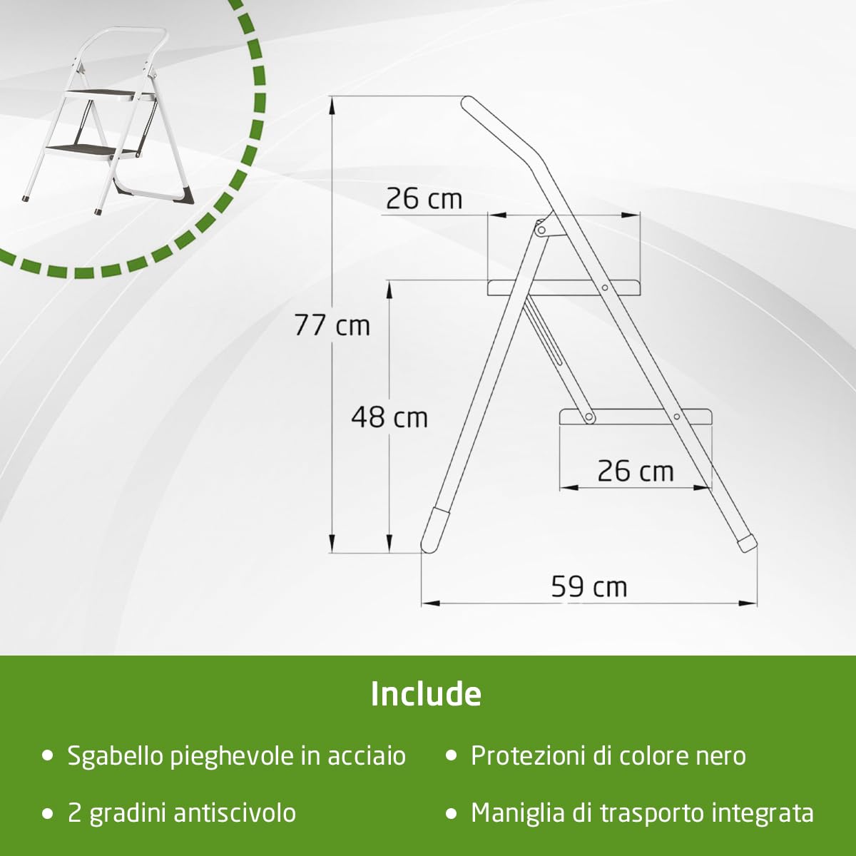 Amig - Scala pieghevole – Sgabello in acciaio con 2 gradini antiscivolo – Dimensioni: 77 x 59 x 48 cm – Peso massimo 150 kg – Finitura bianca con protezioni nere – Per uso professionale e domestico