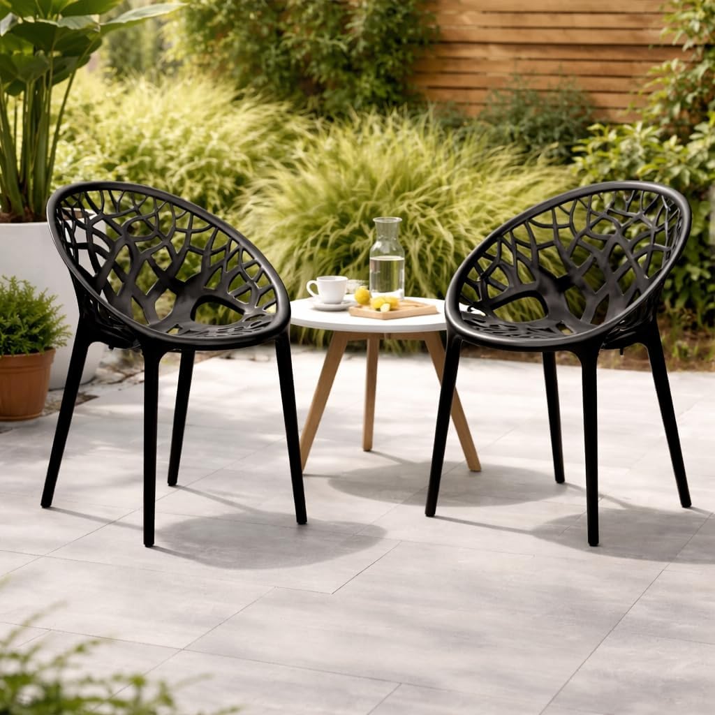 Oaknest Neelkamal Crystal Plastic Chair – Stylish Tree-Design Backrest, Lightweight & Durable for Home, Garden & Patio (Iron Black), Set of 2 Piece