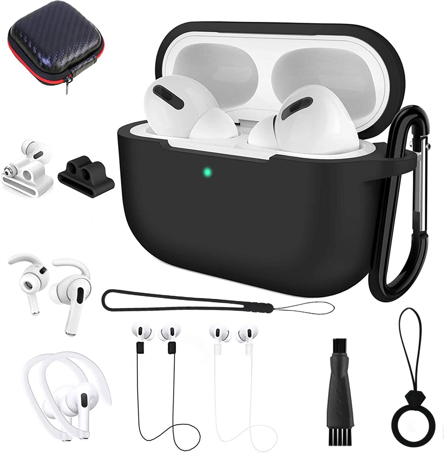 for Airpods Pro Case Gen 1st Cover Accessory Set Black, 12in1 Kit Silicone Protective Cover for AirPods Pro 1st Generation Watch Band Holder/Ear Hook/Ear Hangers/Ear Tip/Strap/Keychain/Carrying Box