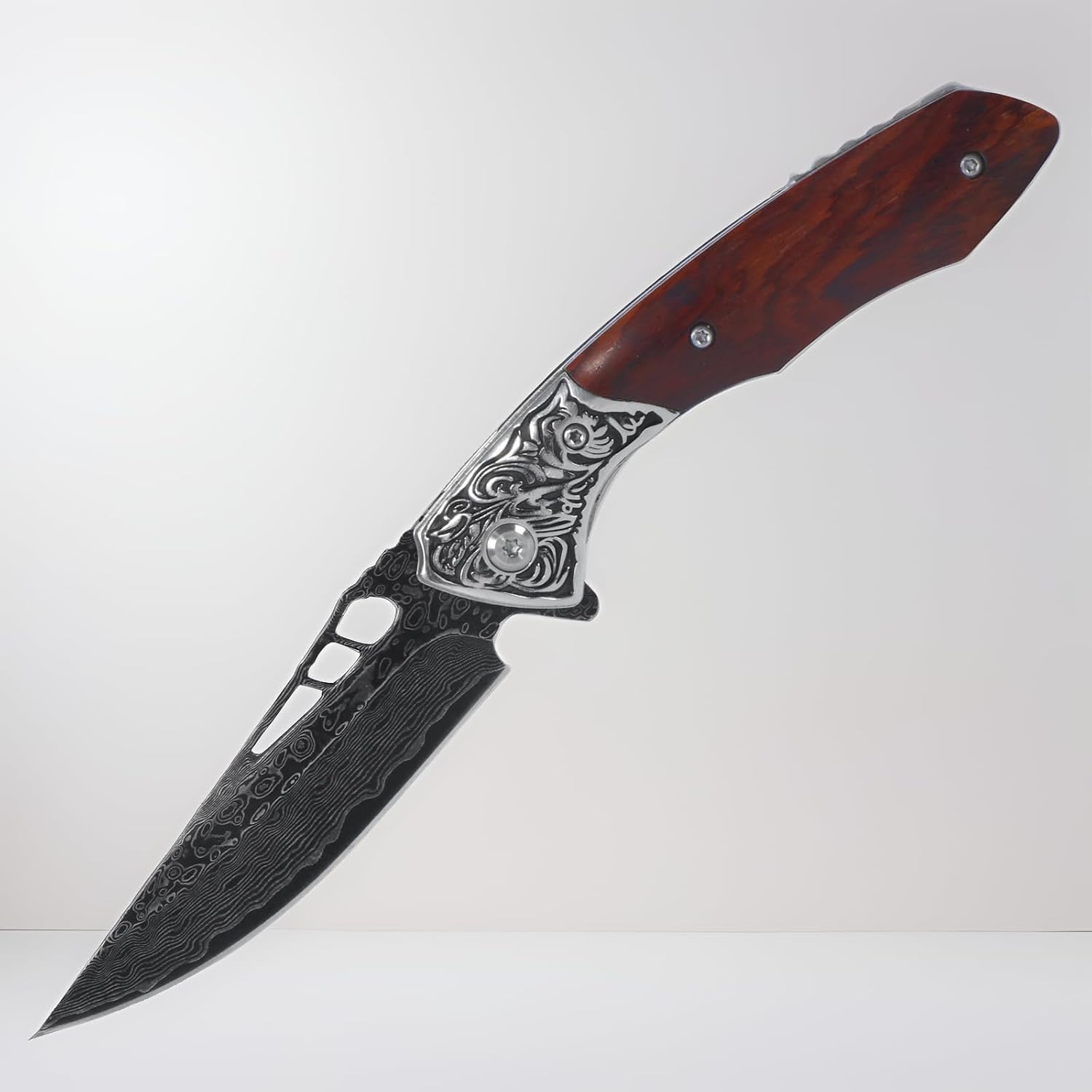 Damascus Folding Pocket Knife - VG10 Steel Blade, Rosewood Handle, 3.35" Lockback EDC Knife for Outdoor, Camping & Survival
