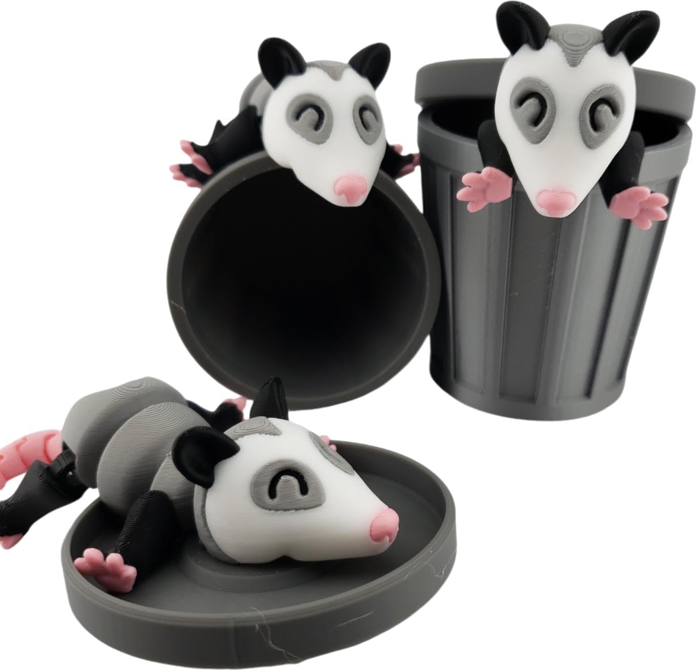3D Printed Articulated Possum Figurine | Realistic Black, Grey, White, and Pink Colors | Adorable Desk Decor and Collectible Toy | Fidget (Possum with Trash Can)
