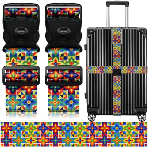 Image of Luggage Straps for Suitcases, Travel Adjustable Belt with Quick Release Buckle, Heavy Duty Nylon Bag Packing Strap, Unique Bright Identifiers Business Travel Accessories (2 Pack) - Green Print