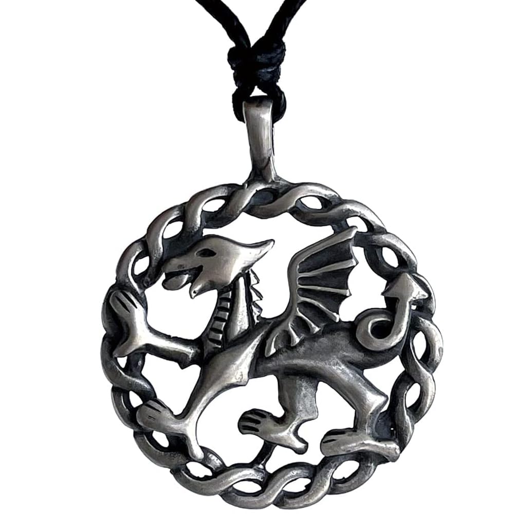 Medieval Viking Celtic Renaissance Knight Magic Anglo-Saxon Welsh Wales 4 legged Winged Red Dragon Griffin Pewter men's Pendant Necklace Lucky Charm Protection Amulet Medallion N Black Adjustable Cord