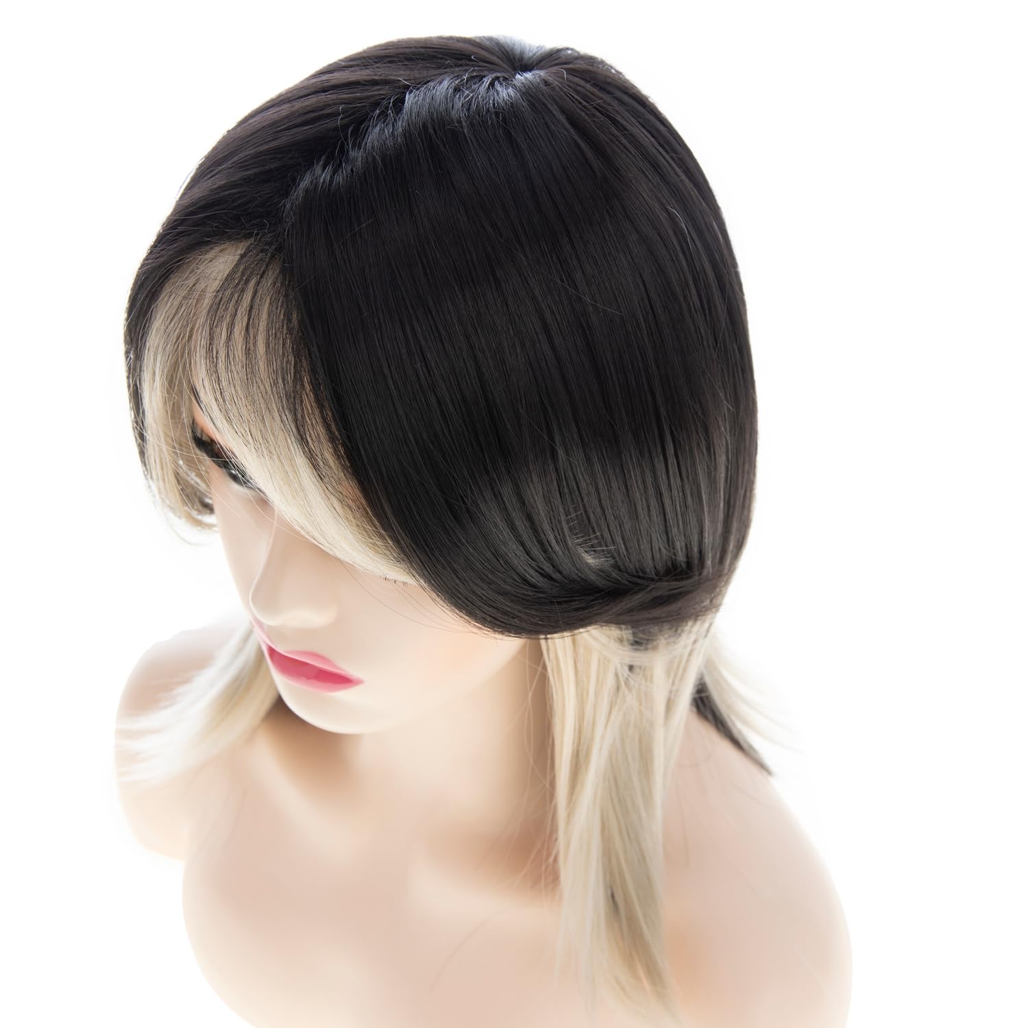 Women Black mixed Blonde Wig with Bangs Shoulder Length Straight Natural Looking Synthetic Heat Resistant Medium Hair Wigs for Daily Party