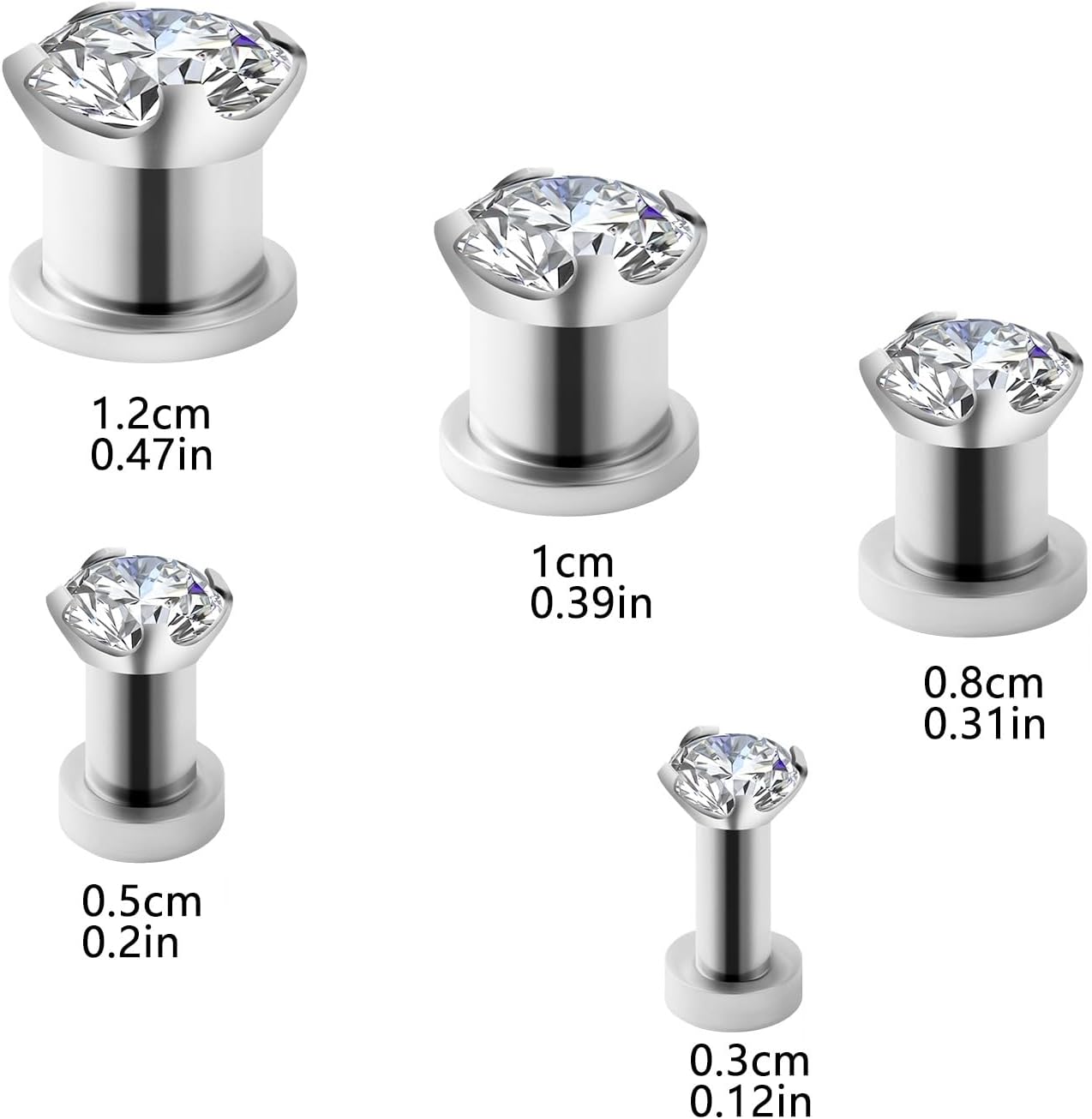 Beydodo Tunnel Plugs for Ears 8g,4g,0g,00g,1/2 inch, Ear Gauges Tunnels Plugs 10pcs Stainless Steel Ear Plugs Expander with Cubic Zirconia
