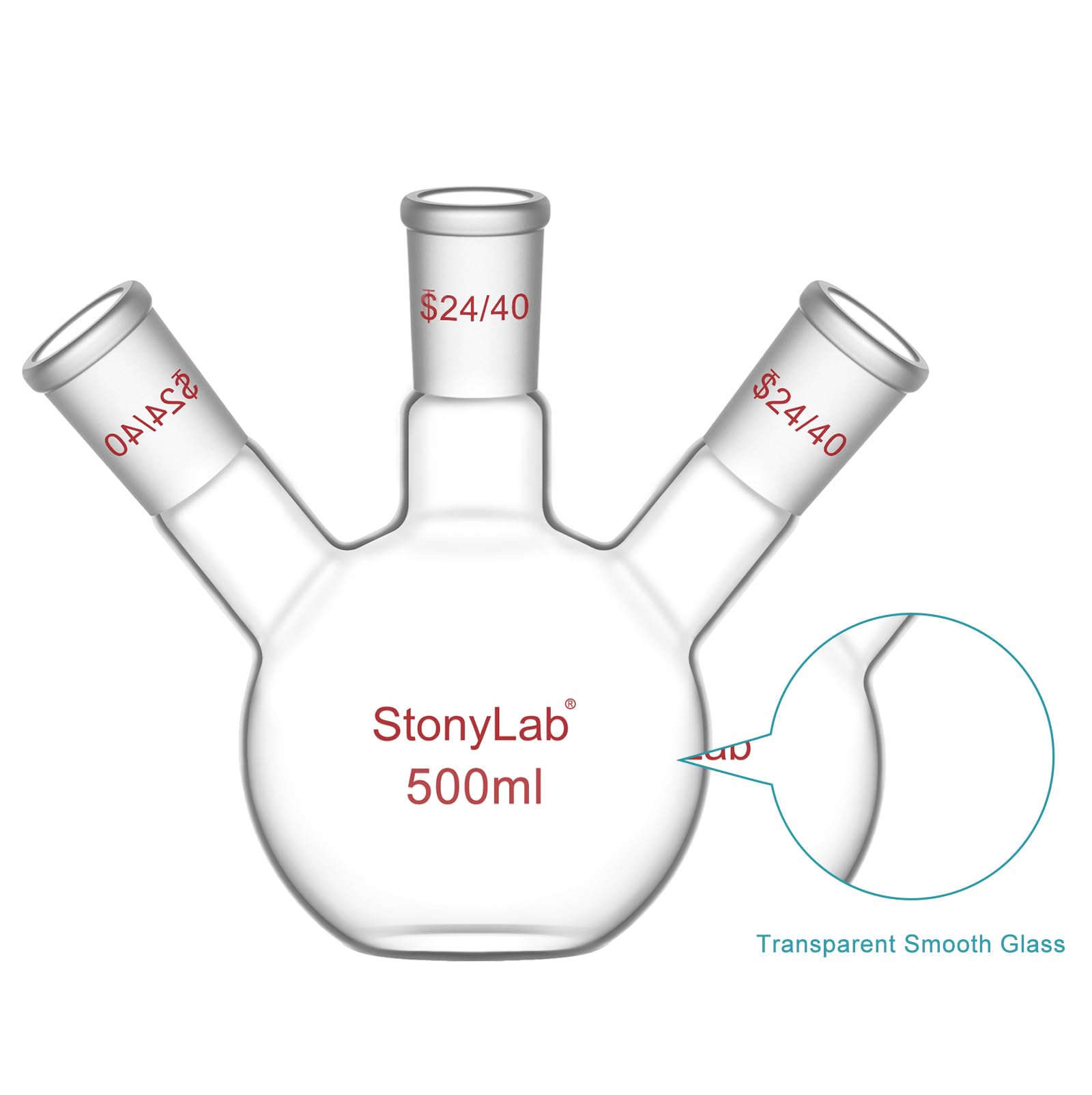 stonylab Fiole à Fond Plat à 3 Cols, Verre Borosilicate, Joint Standard 24/40, Fiole de Réaction de Laboratoire de Chimie, Capacité 500 ml
