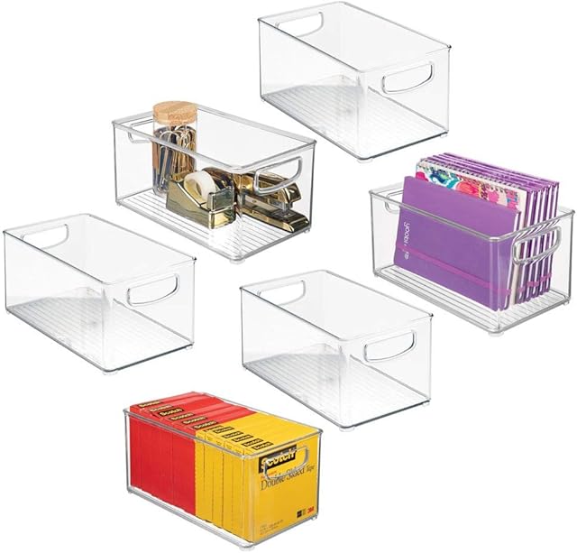 mDesign Set of 6 Storage Boxes with Built-in Handles  for Storage of Kitchen, Bathroom or Office Equipment  Plastic Box for Use as Desk Storage Unit  Clear