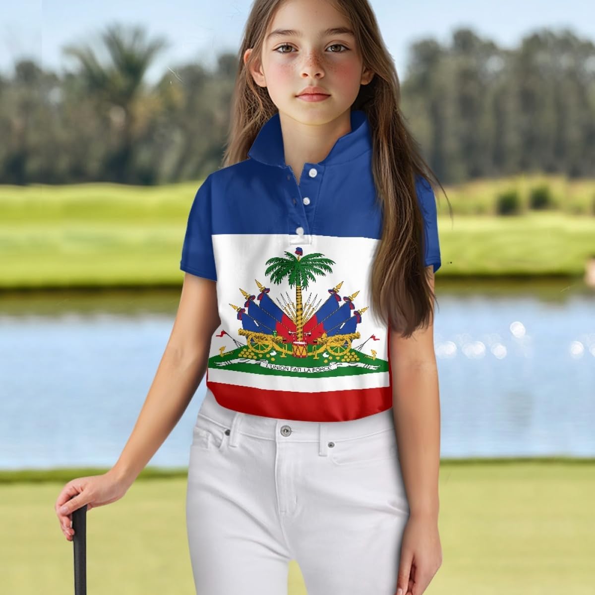 ENLACHIC Girls Golf Polo Shirts Haitian Flag Print Short Sleeve Button Up Summer Casual Tennis Collared Shirts