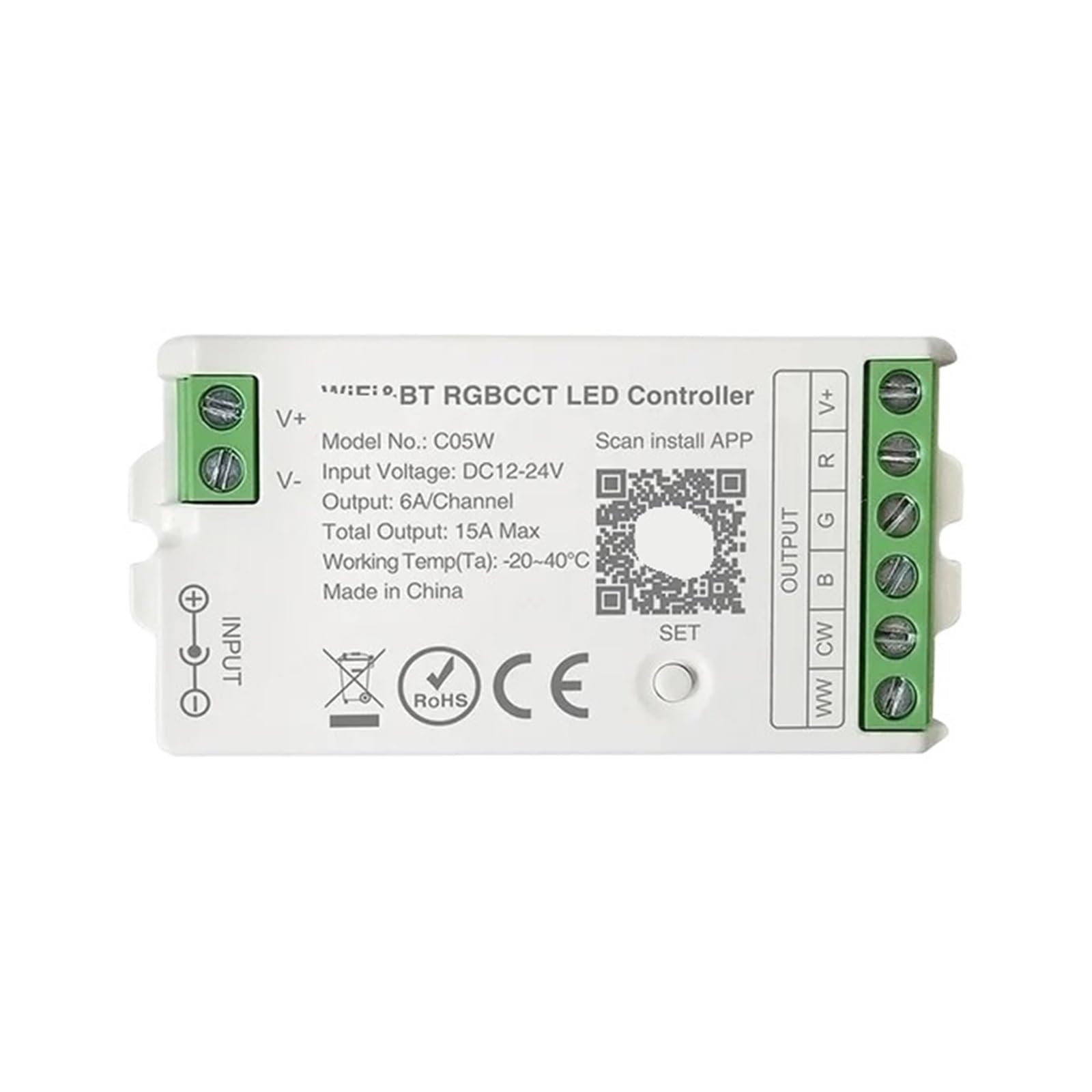 Contrôleur LED RGBCCT DC12-24V avec commande vocale Bluetooth et télécommande 2.4G