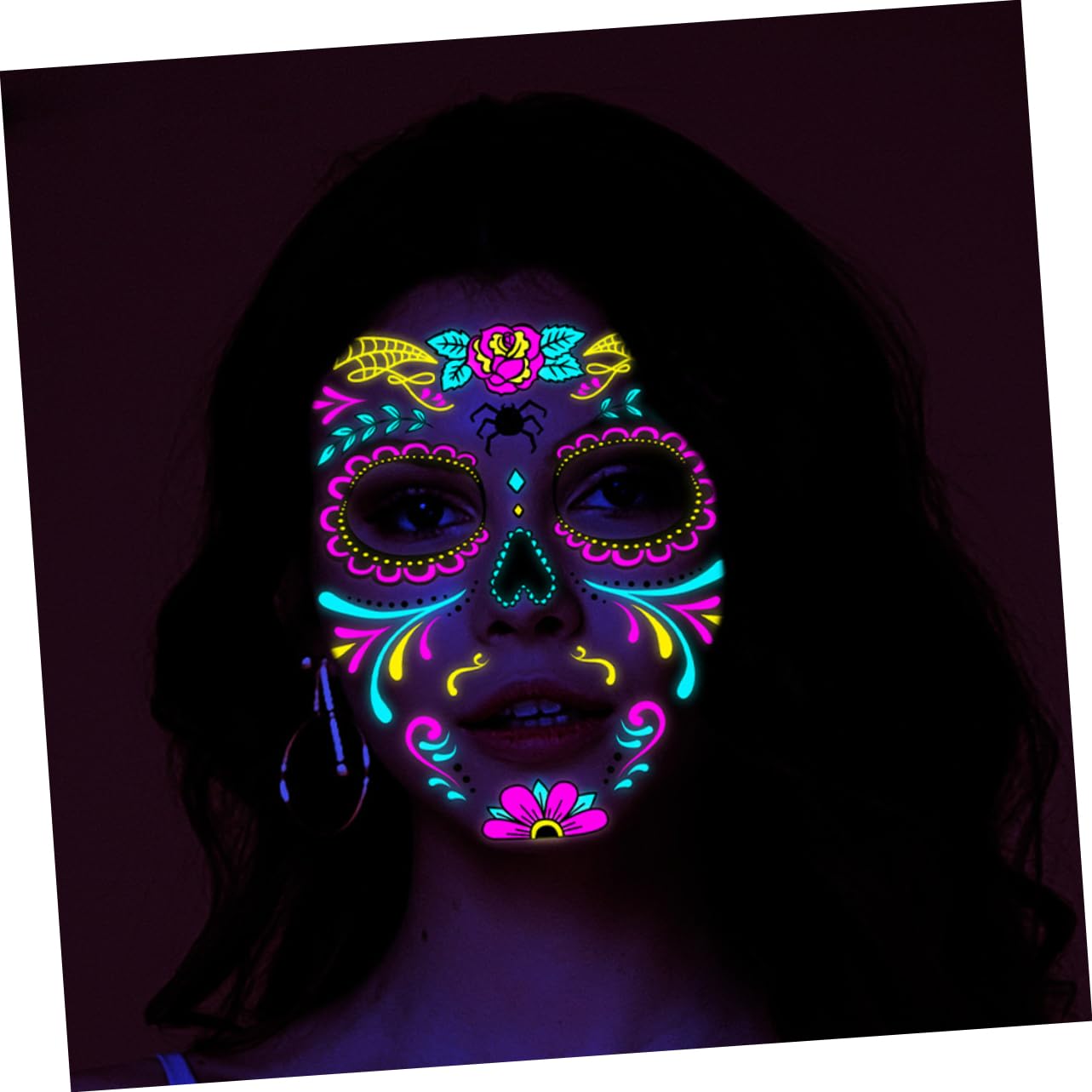 FRCOLOR 32 Hojas Facial Temporal Tatuajes Que Brillan En La Oscuridad Rosa Pegatina De Maquillaje De Halloween Dia De La Pegatinas De Transferencia Mujer Tato Paseo