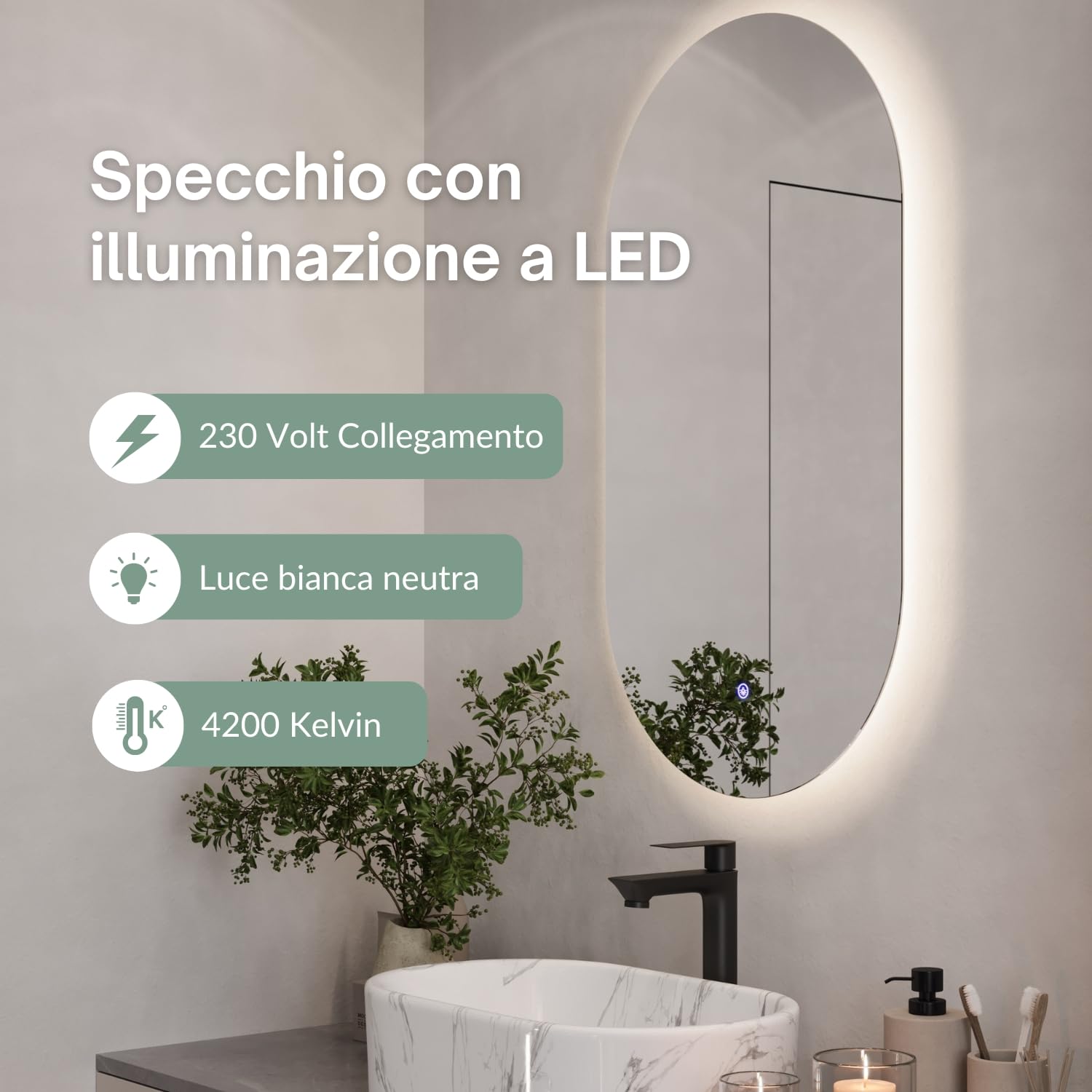 Planetmöbel Specchio con illuminazione 50 x 90 cm, specchio senza cornice, 2 livelli di luce (4000-4200k), con interruttore touch, moderno specchio da parete per bagno, corridoio o guardaroba, ovale