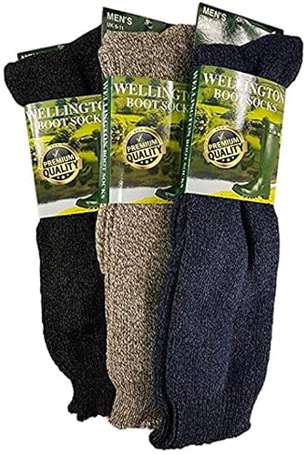 Silver Fancy Dress Men's Pack Of 3 Welly Boot Socks 3 & 6 Pairs Welly Boot Liners Socks Long Wellington Wool Mix Camping Gardening Sock Size Uk 6-11 Fresh Feel Wellington Boots Warmer Socks (Pack Of 3 Welly Boot Socks)