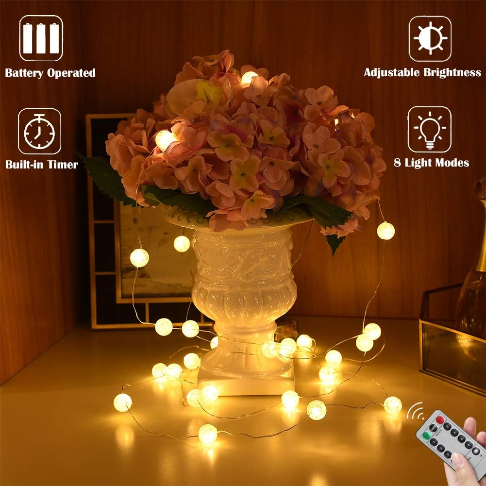 Condition photo showing Good Condition for Globe String Lights, Crystal Ball Led String Lights Warm White, 10ft 30 LED Grandhome Fairy Lights Battery Operated Waterproof, 8 Modes with Remote Control, for Indoor Outdoor Bedroom Party Wedding