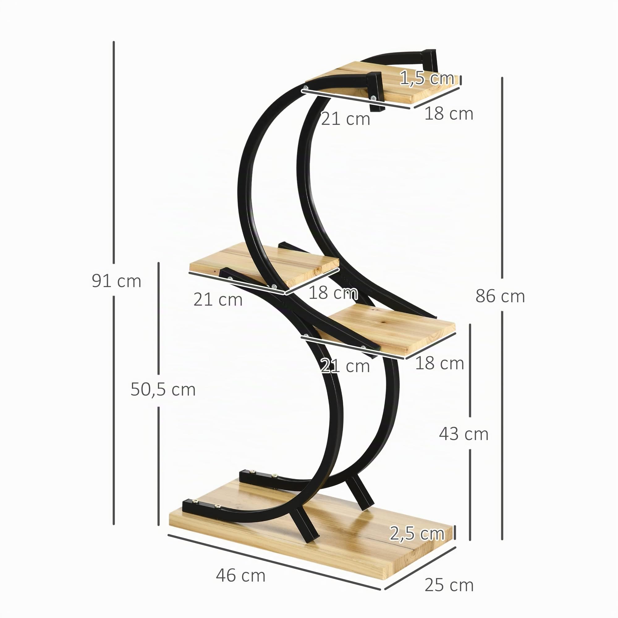 Outsunny 4-Etagen Pflanzenständer S-Förmig Blumenständer 91cm Schwarz | Pflanzenregal aus Metall Holz, Blumenregal, Blumentopfständer, Wohnzimmer, Garten, Balkon
