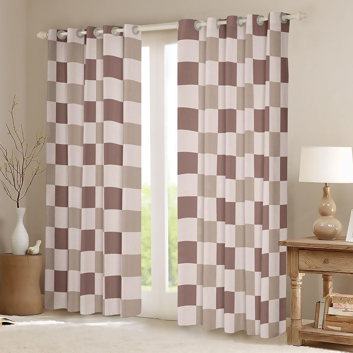 Lot de 2 rideaux de fenêtre marron à carreaux - Taille XXL - 260 x 140 cm - Grille géométrique - Bon rideau occultant - Aquarelle - Grid arc-en-ciel - Pour adultes et enfants