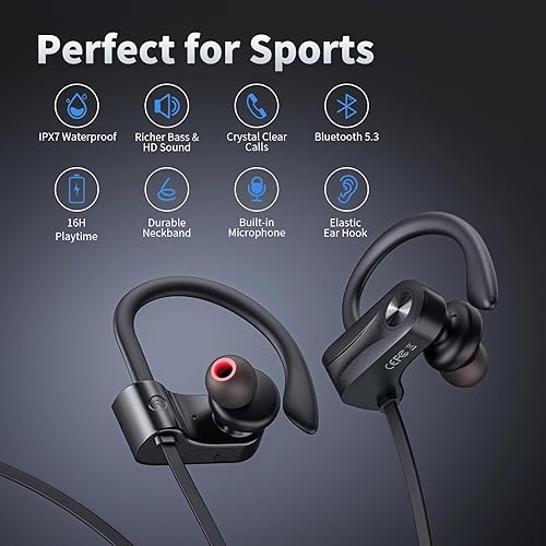 Miniatura 5 de JOYWISE Auriculares Bluetooth, auriculares inalámbricos Bluetooth 5.3 con 16 horas de reproducción, auriculares estéreo con graves IPX7 impermeables
