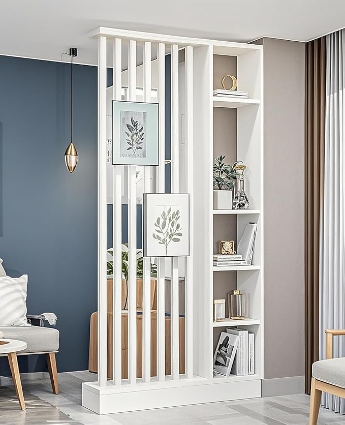Image of Modern Wooden Room Divider Partition Shelf for Living Room | Shelf Divider Panel | Storage Partition for Bedroom, Hall & Office | White Finish | Pre-Assembled | (Size 72 x 48 x 6 Inches)