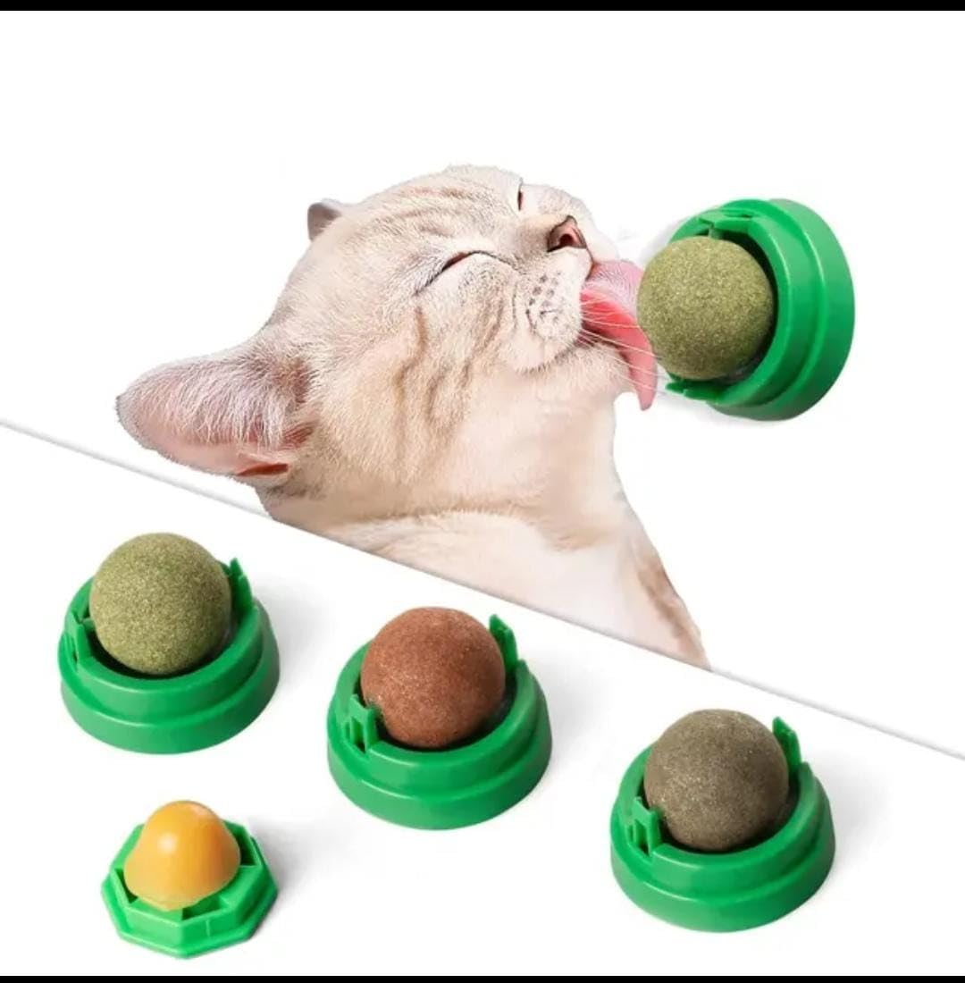 Catnip Wall Ball 4 Pcs for Cats, Cat Licking Balls, Energy Balls, Natural Dental Cleaning Toy, Rotatable Cat Snack Edible Balls with Natural Healthy Catnip, Green