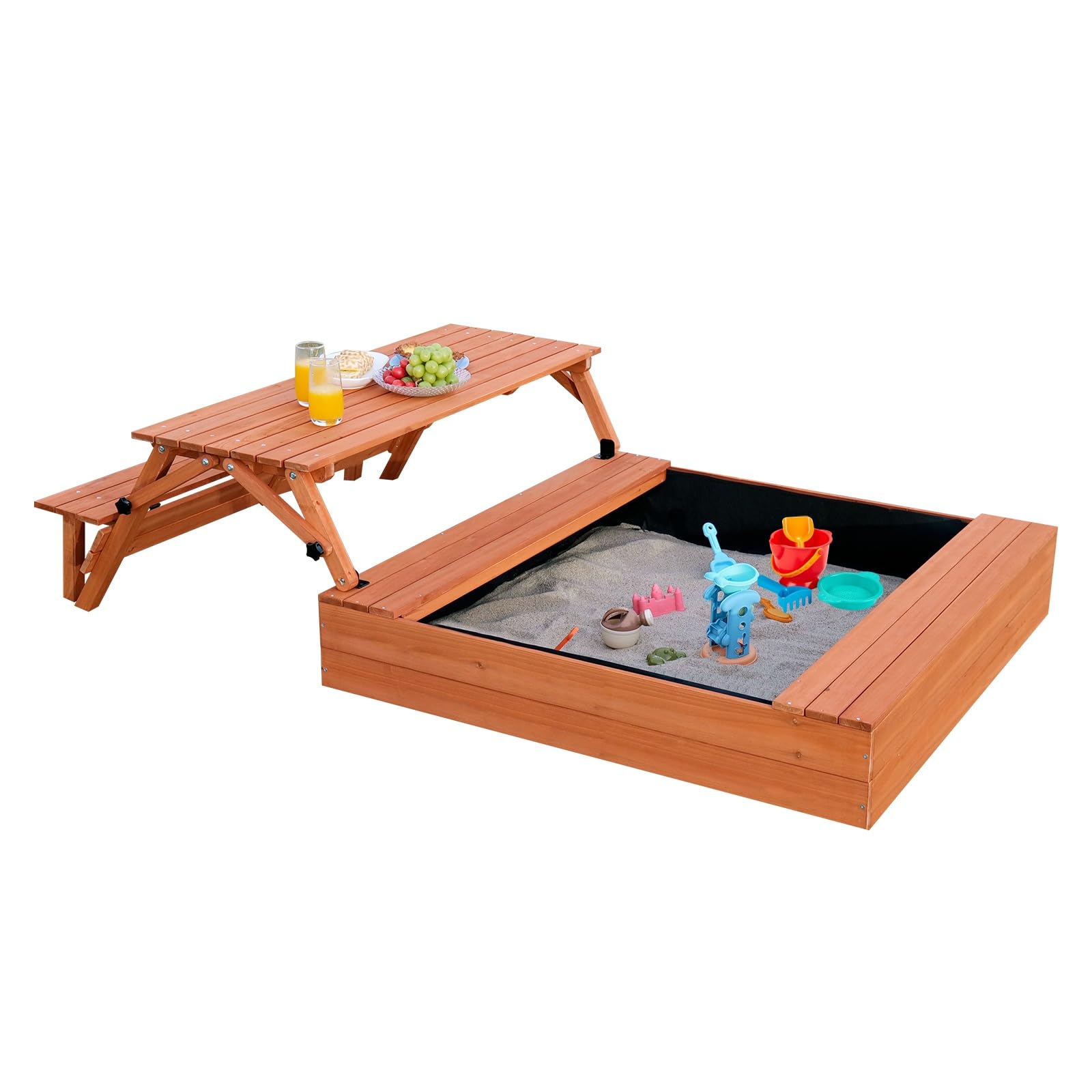 FunXplore Wooden Kids Sandbox with Lid Sand Box with Cover Outdoor Sand Pit with Picnic Table Ages 4-8 Bottom Liner