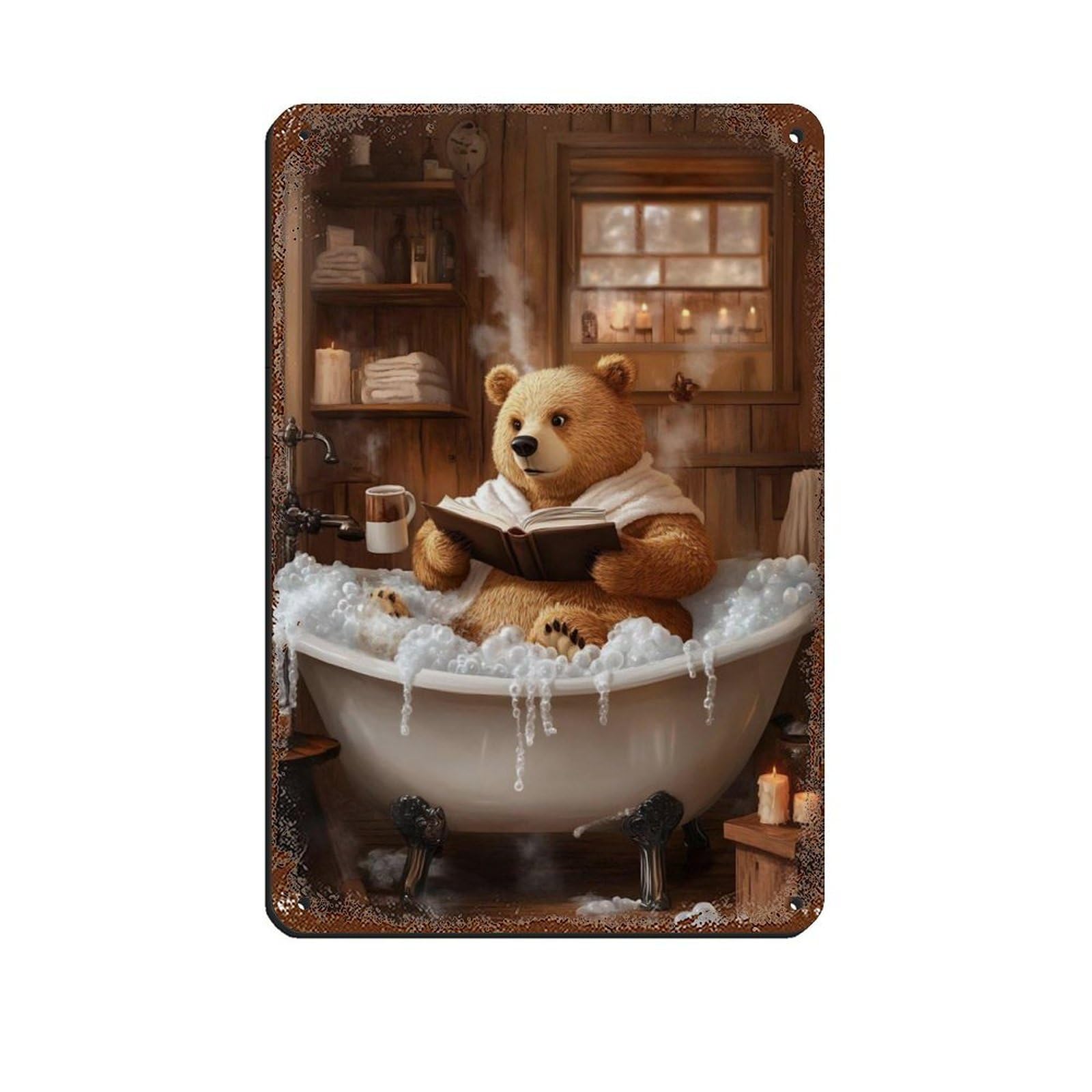 Cozy Bear in Bathtub, Cute Animal Reading Book Tin Sign Vintage Metal Pub Club Cafe Bar Home Wall Art Decoration Poster Retro 8x12inch(20x30cm)