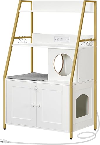 HOOBRO Caja de arena con 2 estantes de almacenamiento, muebles altos para gatos ocultos con estación de carga, muebles para gatos de interior con