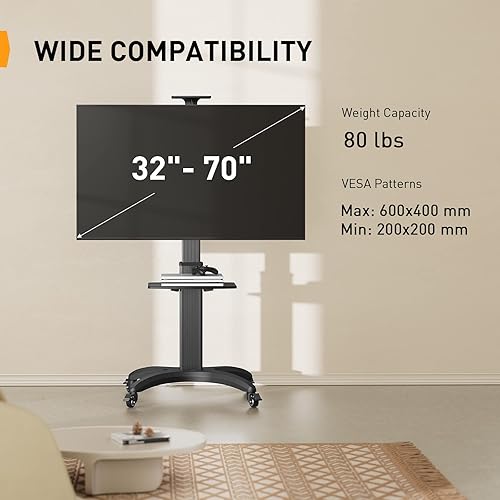 Miniatura 6 de Perlegear Carrito de TV móvil para televisores planos o curvados de 32-65 de 70 pulgadas de hasta 80 libras, soporte de TV rodante con estante